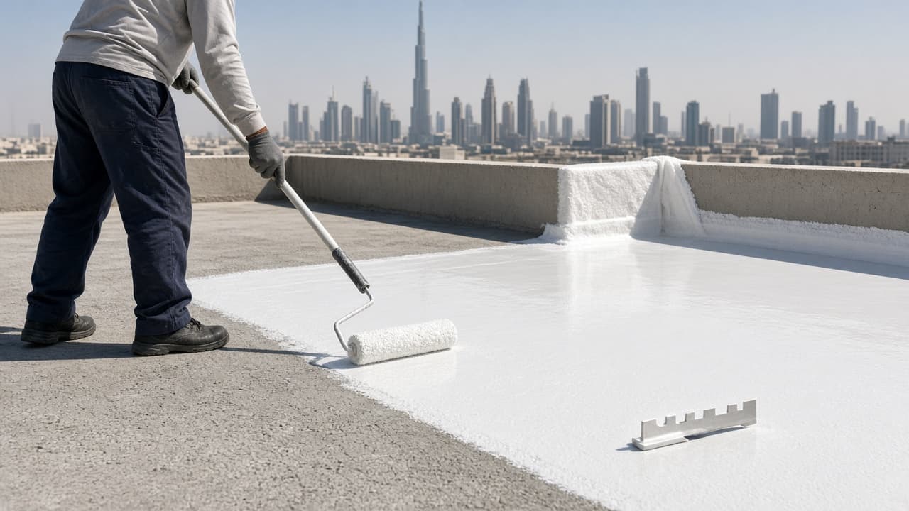 Illustrative cool-white membrane being rolled on a Dubai villa roof